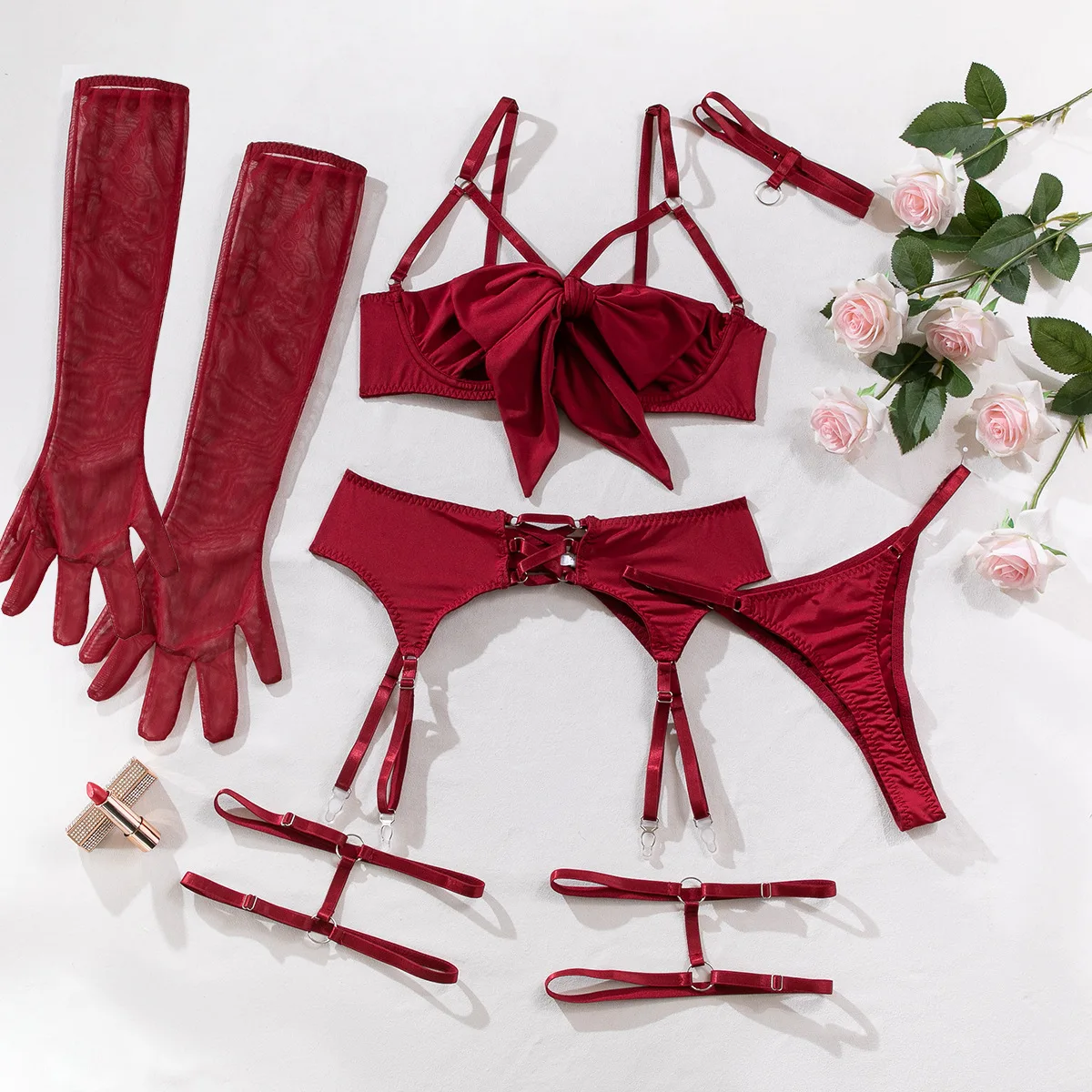 sex Bow bra red Temptation Bra Set sexy lingerie set Belt Hollowed Out Gathering Four Piece underwear women Set Erotic Sleepwear