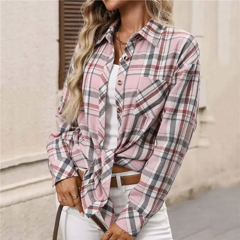 

Casual Women's Shirts 2025 Autumn Winter Classic Plaid Full Print Button Front Long Sleeve Shirt Top Collar Office Lady Blouses