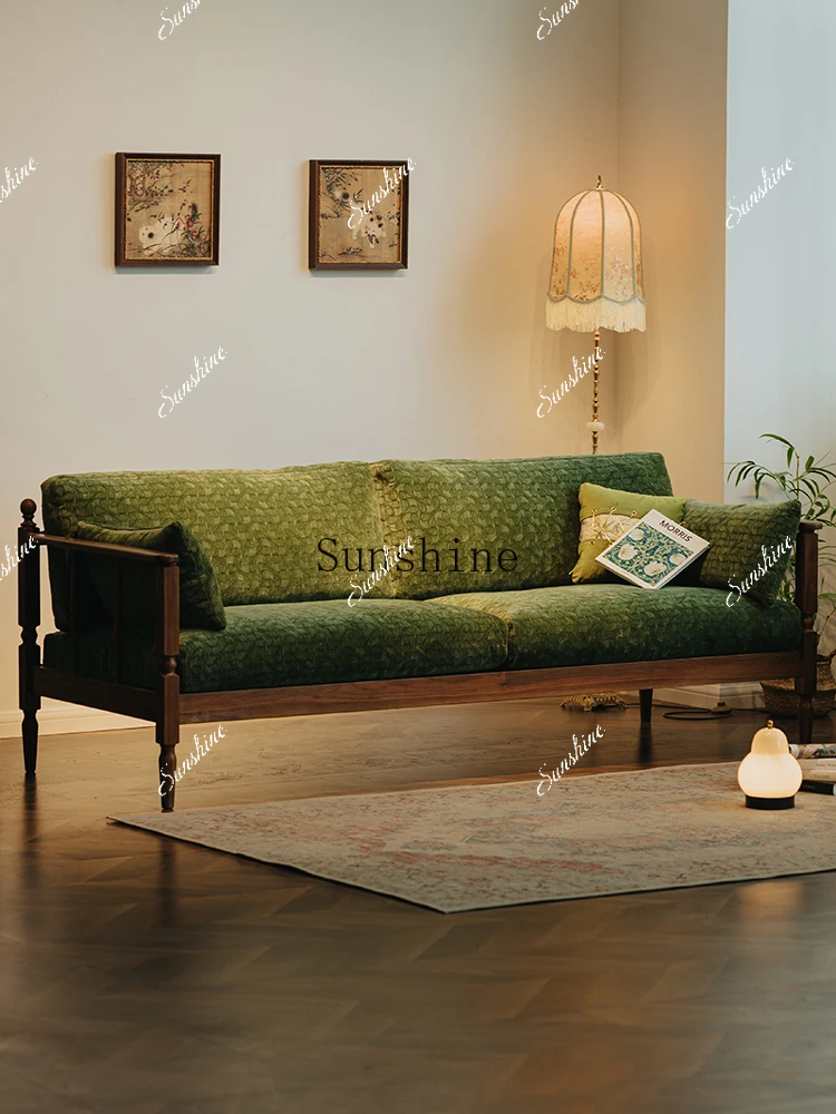 

Retro three-person green fabric sofa black walnut small apartment living room furniture FT
