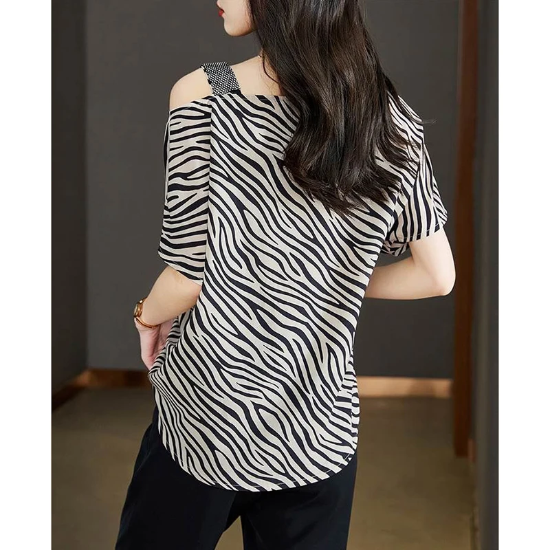 Fashion Skew Collar Printed Striped Slip Off Shoulder Blouses Women's Clothing 2024 Summer Loose Office Lady Tops Chic Shirts