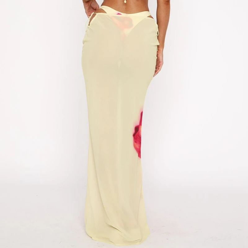 ผู้หญิงฤดูร้อนสบายๆความงามดอกไม้/เสือดาว/Zebra พิมพ์ Sheer ดูผ่าน Tie-up ต่ําเอว Bodycon Mermaid กระโปรงยาว Cover-ups