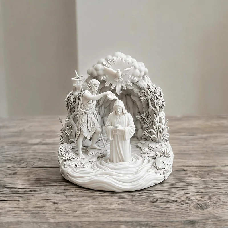 White Jesus Baptism Scene Statue Christian Religious Home Tabletop Decor Gift