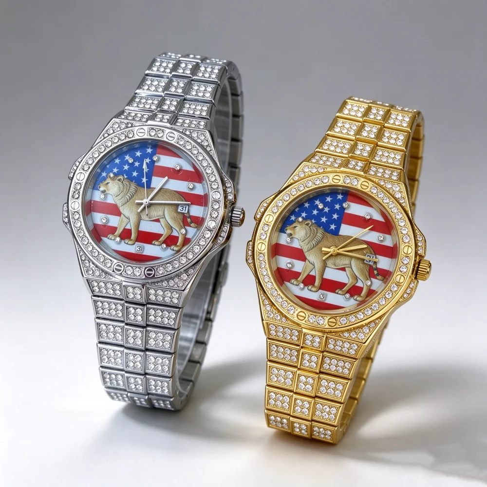 Men's Full Diamond Hip-Hop Quartz Watch, Featuring an American Flag and Lion Pattern on the Dial, Dual-tone Gold and Silver, wit