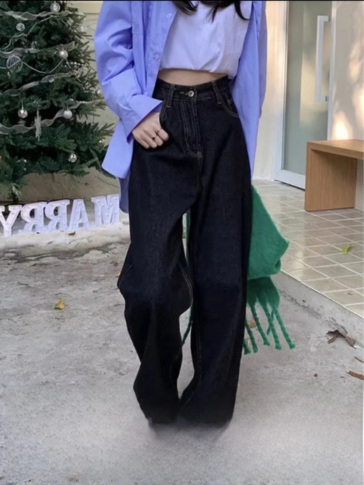 

High Waist Wide Leg Black Jeans Women Loose Fit Casual Floor Length Pants Retro Style Spring Collection for Young Ladies