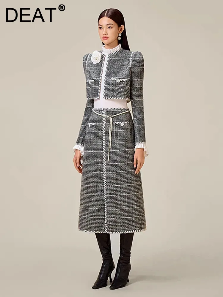 

DEAT Elegant 2 Pcs Set Contrast Color Line Long Sleeve Tweed Coat High Waist Chain Loose Skirt Suit Autumn 2024 New 13DB3940