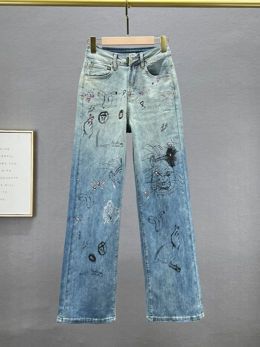 

Джинсы с высокой талией, свободного кроя, широкие, женские, весна 2023, новые, из денима, с вышивкой и стразами