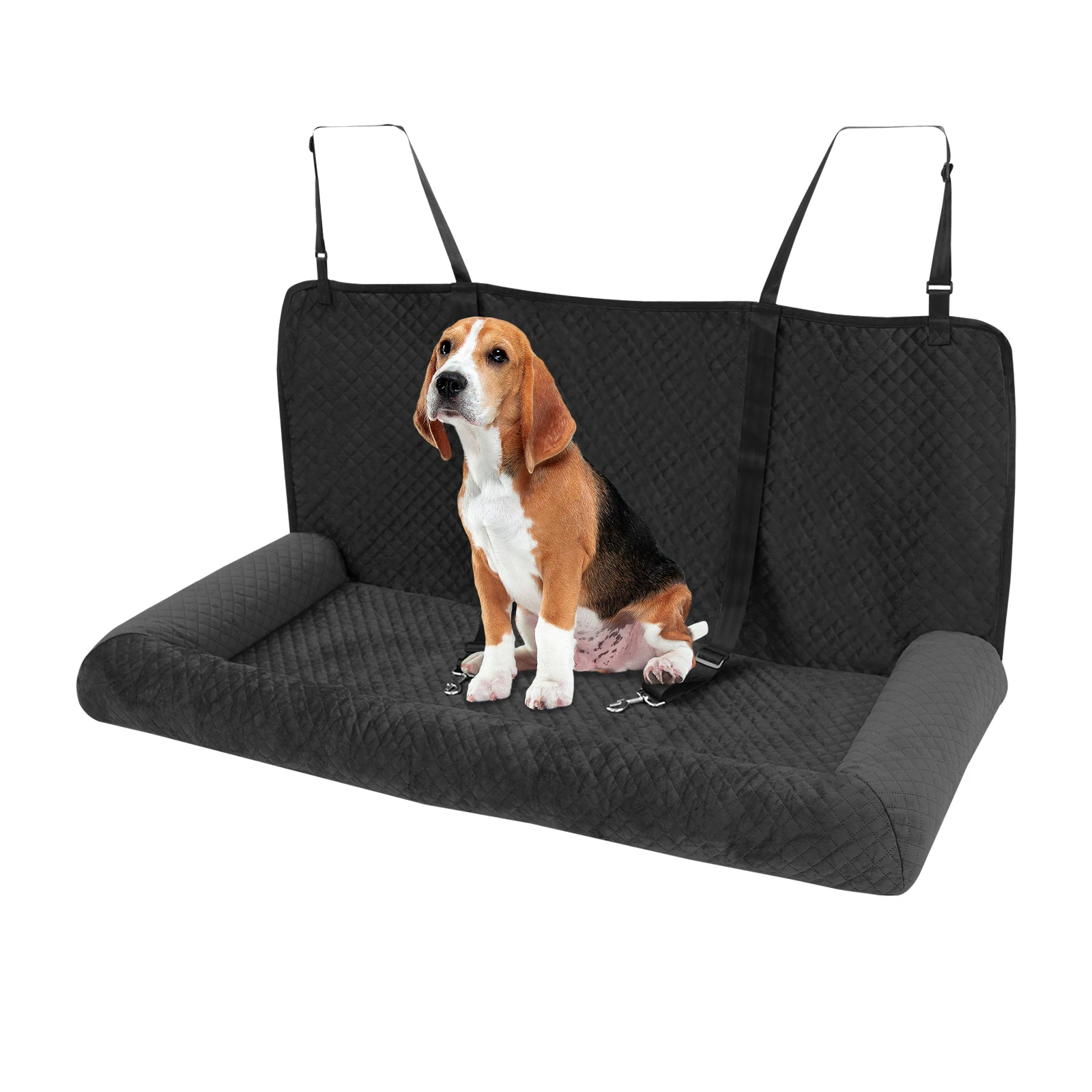 

Large Dog Car Seat Bed, Foldable Pet Seat with Safety Tether & Non-Slip Bottom, Washable Car Cushion for Rear Seat