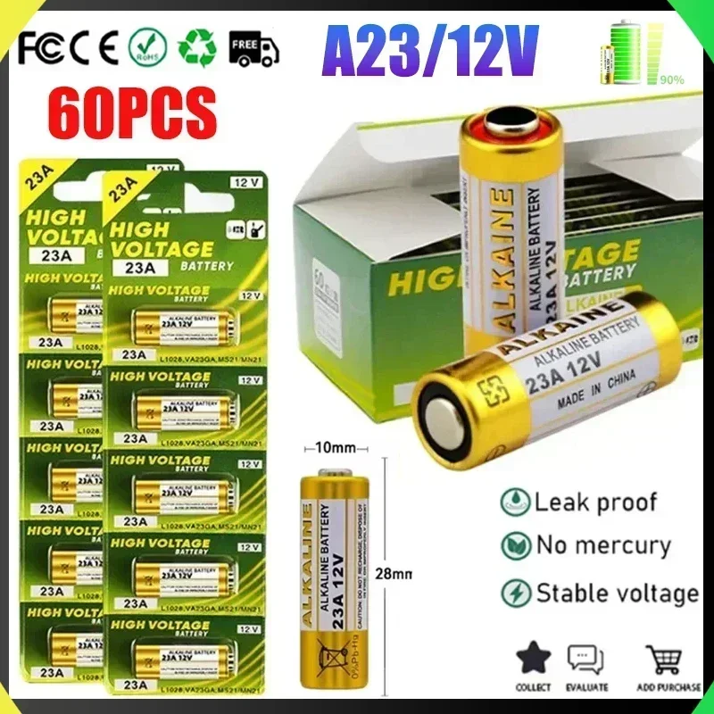 60PCS 12V 23A Alkaline Battery 23A 23GA A23S E23A EL12 MN21 V23GA L1028 GP23A LRV08Suitable for Remote Control Wireless Doorbell