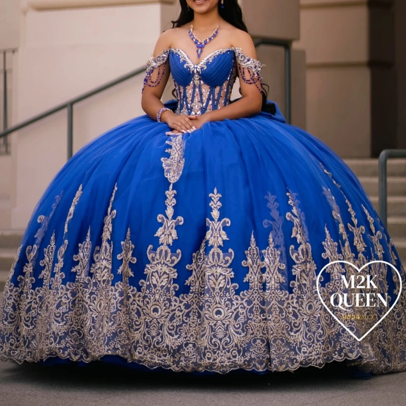 

Royal Blue Ball Gown Quinceanera Dresses Off The Shoulder Applique Lace Beading Bow Tull Party Birthday Sweet 16 Dress Vestidos
