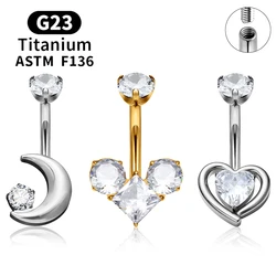 ASTM F136 G23 Titanium Moon Heart Shape Belly Button Rings 14G  Zircon Navel Piercing Ring Women Body Jewelry