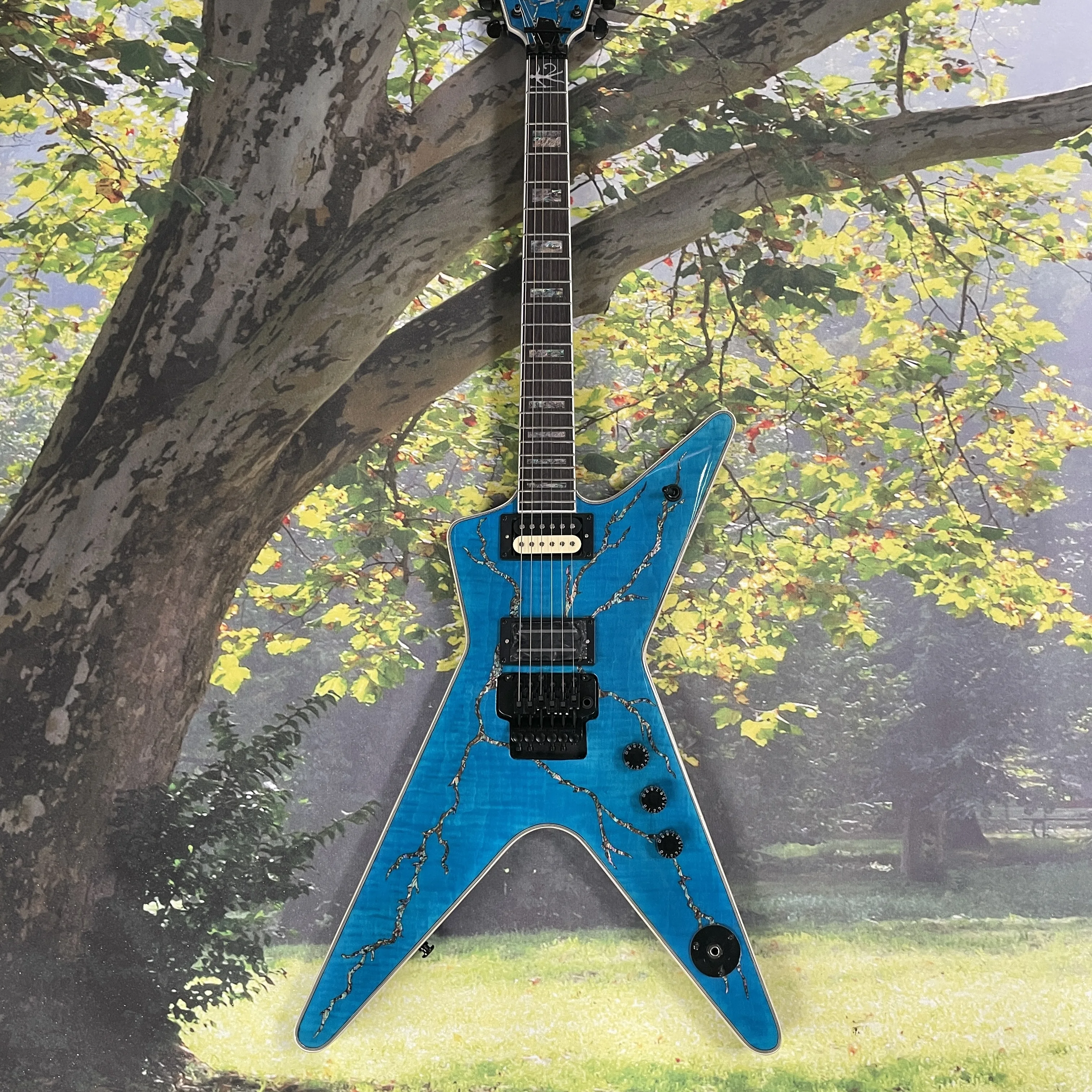 

Электрогитара V-образной формы, с двойным тремоло и высококачественными звукоснимателями, 22-клавишная гитара для скоростной игры.