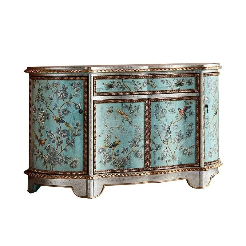 A  American painted entrance cabinet, side cabinet, pure hand-painted storage semi-circular decorative cabinet