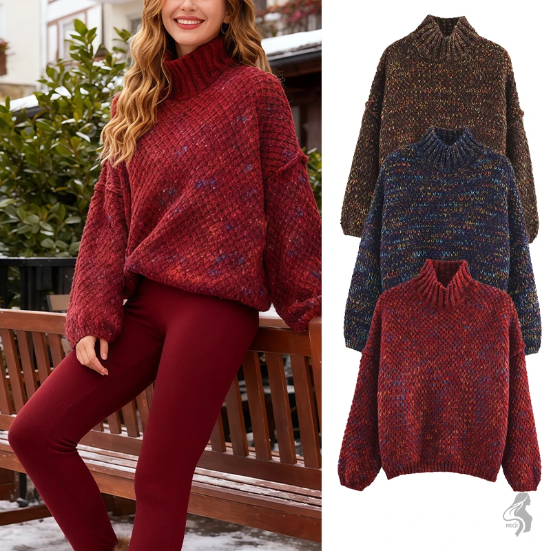 

Womens Fashionable Half High Neck Patterned Pullover Knit Sweater Textured Pattern Stylish And Versatile A Must Have For Autumn