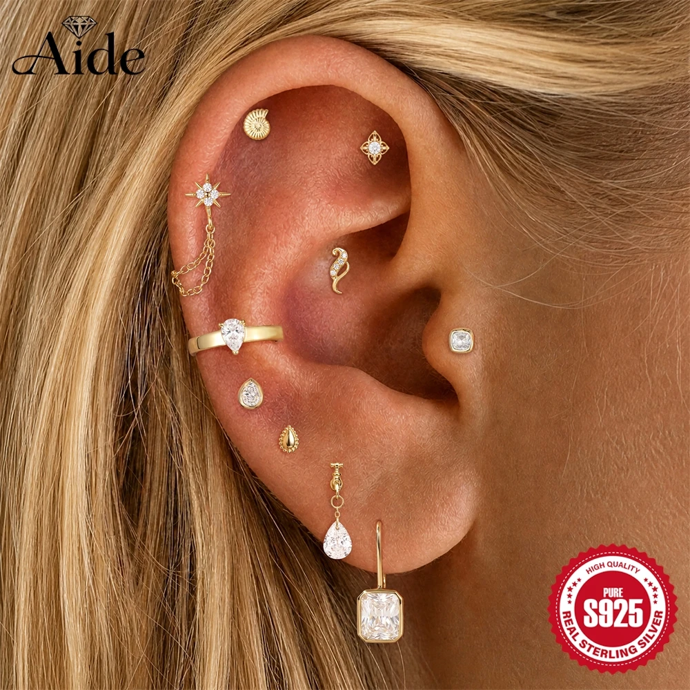 AIDE 925 Sterling Silver Star/WaterDrop CZ Chain Tassel For Women Cartilage Helix Tiny Flower Tragus Conch Piercing Jewelry Gift