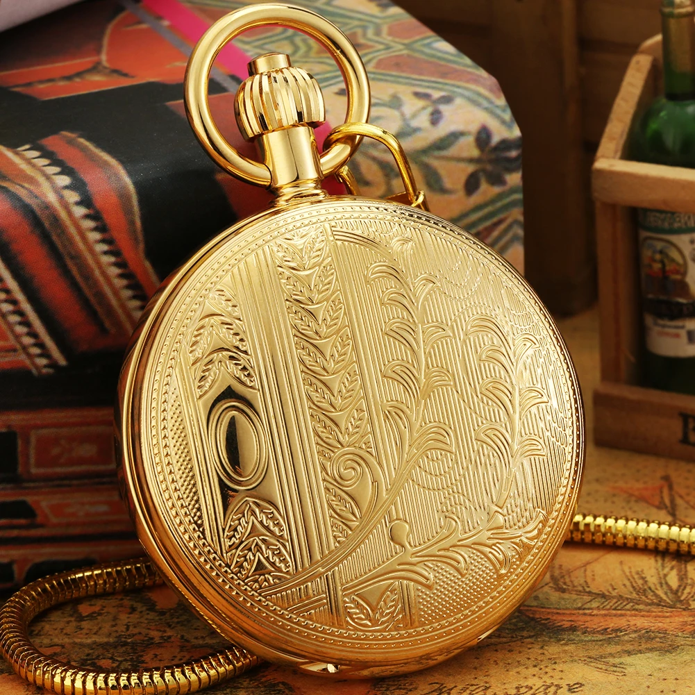 Reloj de bolsillo mecánico dorado con patrón de flores, carcasa de cobre, reloj colgante de bobinado automático, reloj de bolsillo con números romanos negros, regalo