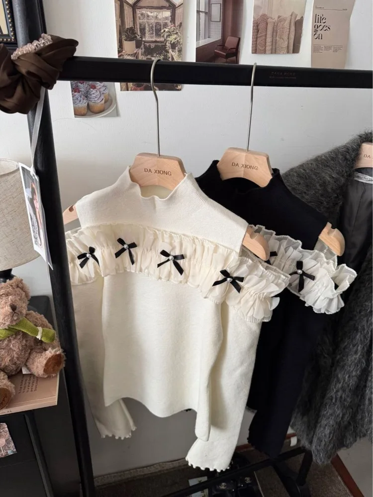 French Sweet Mock Neck Long Sleeve Off Shoulder Slim Patchwork Bow Knitted Women Clothing