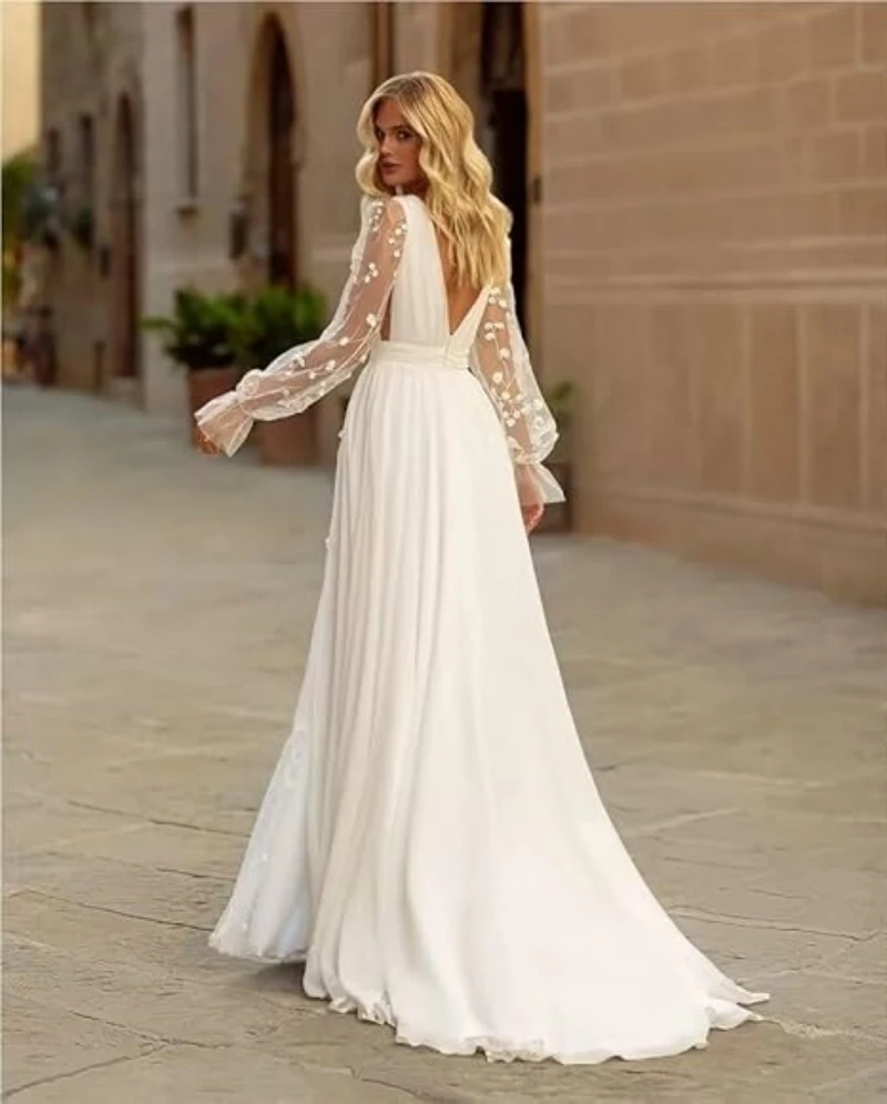 فساتين زفاف شيفون نسائية بأكمام طويلة للعروس دانتيل على شكل حرف A فستان زفاف طويل على الشاطئ