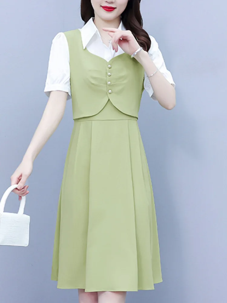 #7964 False Two Piece Shirt Dress Women Split Joint High Waisted Office A-line Dress Short Sleeve Elegant France Style Summer