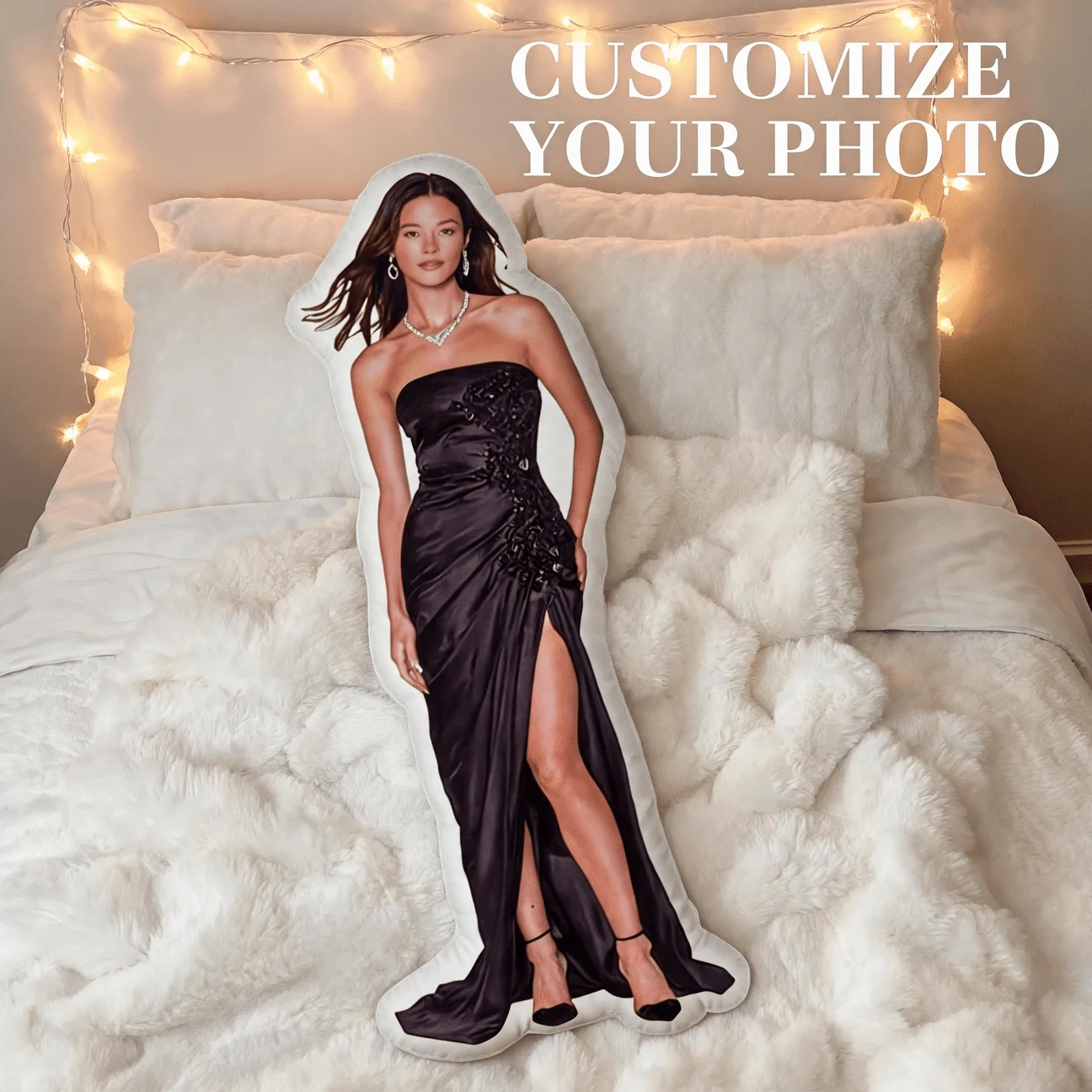Custom Personalized Photo Shaped Pillow, Elegant Black Gown Full Body Custom Picture Decorative Cushion, 70CM Home Decor Accent