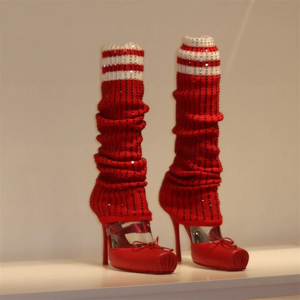 

2026 New Arrival Women's Multicolor Bling Socks Mid-Calf Boots Ballerina Bow Crepe Square Toe High Heel Pumps Elegant Boots