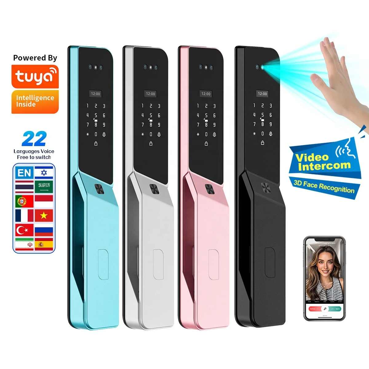 Smart Door Lock with 3D Face Recognition, Video Intercom & Voice Talk, Mobile App Remote Control Electronic Security Door Lock