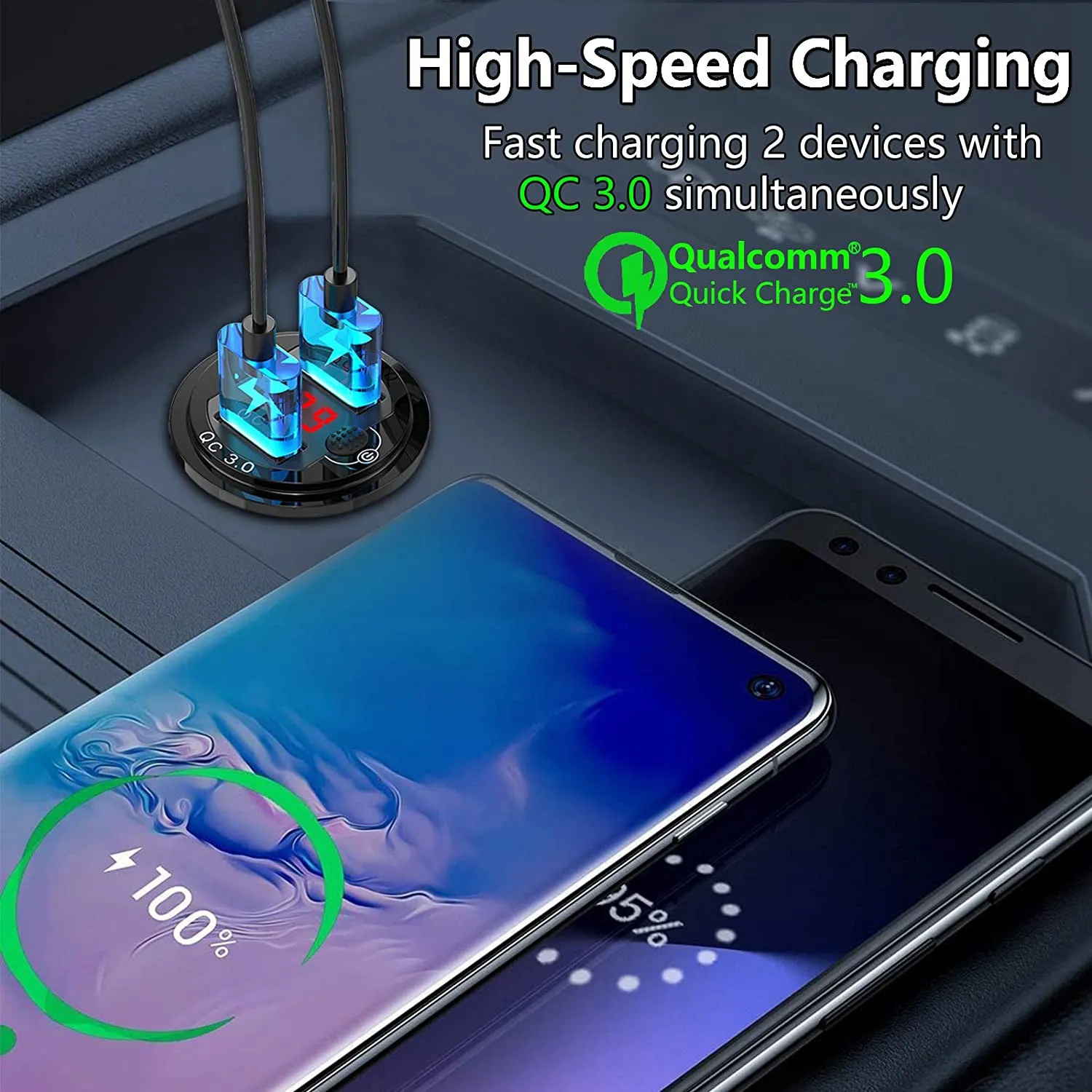 

Автомобильное зарядное устройство Stable-Quick Charge 3.0 с двумя USB-портами 12В, алюминиевая розетка с кнопкой включения и красным цифровым вольтметром, водонепроницаемое.