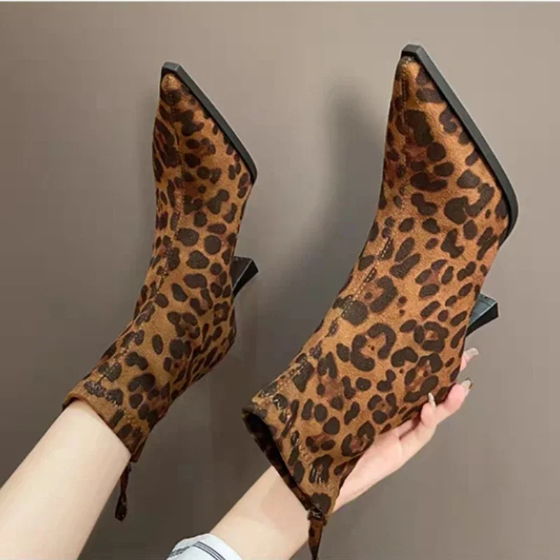 

2025 Spring NEW Ankle Boots Leopard Women Pointed Toe Ladies Chunky High Heels for Female Shoes Footwear botas de mujer