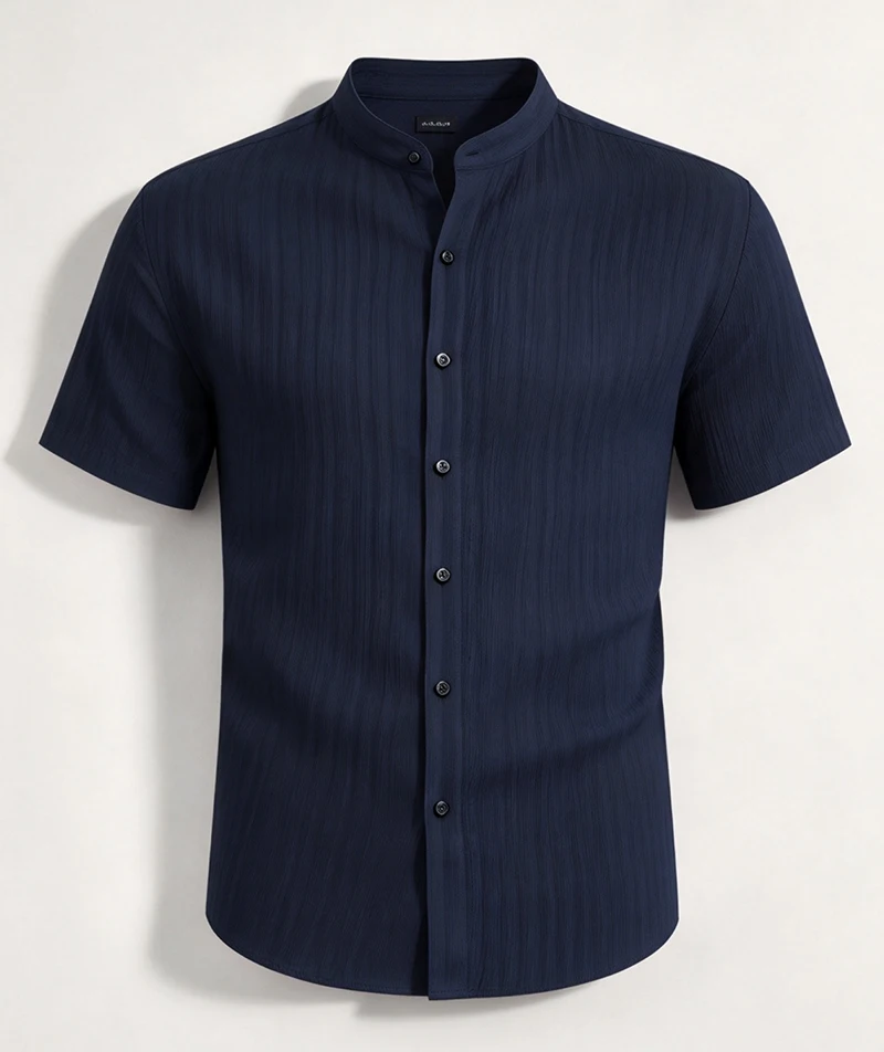 Men's Textured Short Sleeve Shirt Casual Stand Collar Button Up Lightweight Breathable Loose Fit Summer Top for Daily Wear