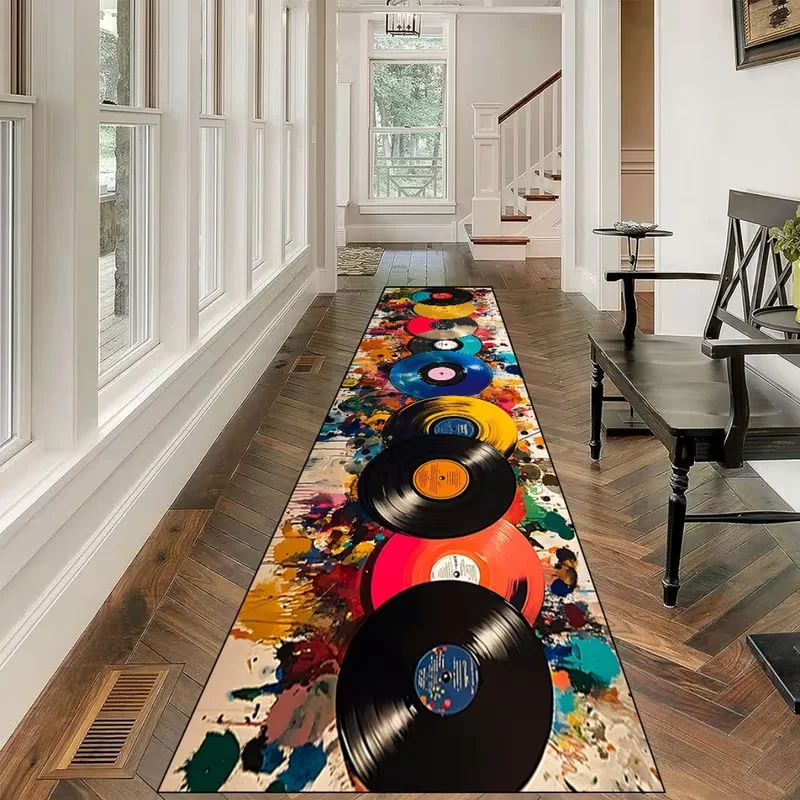 Ink-Splash Vinyl Theme Carpet, Vibrant Record Pattern on Abstract Background Rug, Washable Floor Mat for High-Traffic Passageway