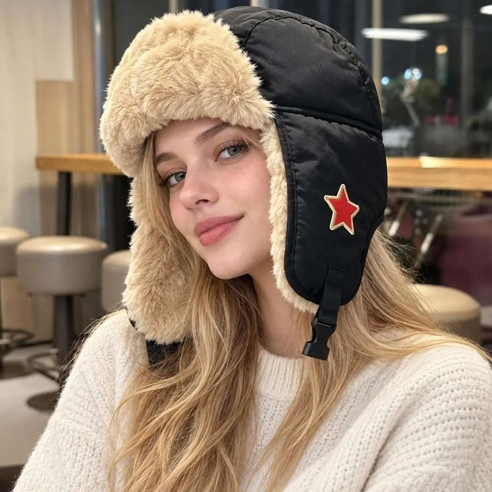 Faux Fur Lined Lei Feng Earflap Hat Cold-Resistant Thickened Unisex Pilot's Hat Windproof Red Star Ushanka Hat