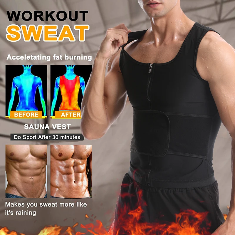 Men Body Shaper Sauna Sweat Vest Workout Tank Top Abdomen Reducer Waist Trainer Belly Slimming Shapewear with Zipper Weight Loss
