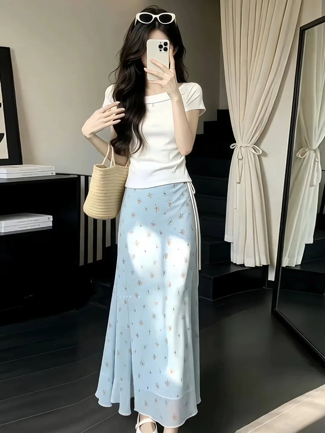 

plus Size Summer Outfit Set Gentle Style Slimming Effect White Short Sleeve Top Floral Half Skirt Two Piece Set Women's Fashion