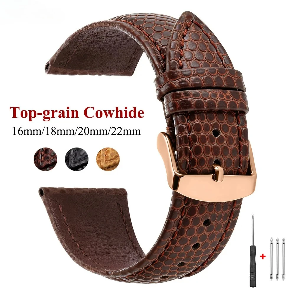 Lizard Grain Genuine Cowhide Watch Strap Waterproof Quick Release Leather Band 16/18mm 20mm 22mm Universal Replacement Wristband
