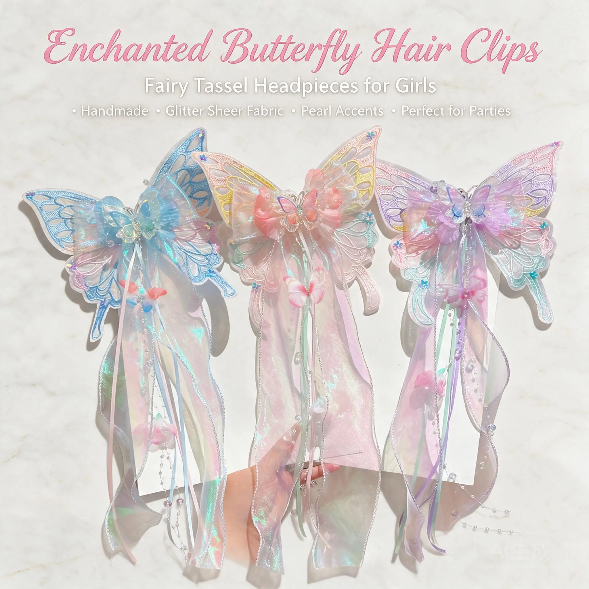 Dreamy Fairy Butterfly Hair Clips For Girls Sheer Ribbon Tassel Barrettes Princess Floral Kids Hair Accessories For Daily Party