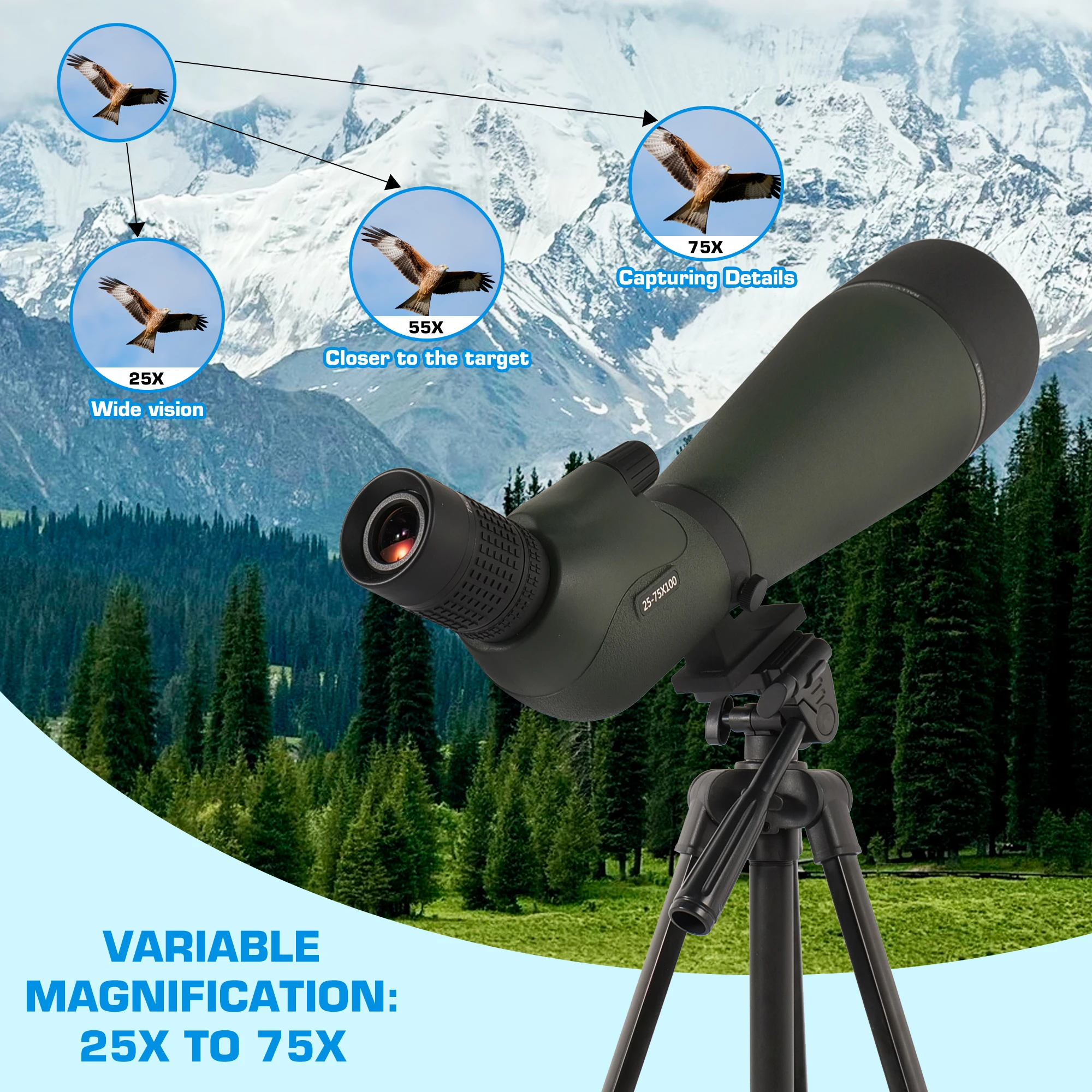 25-75x100mm Angled Spotting Scope with Tripod Phone Adapter Long Range FMC HD Optics Telescope for Bird Watching Target Shotting