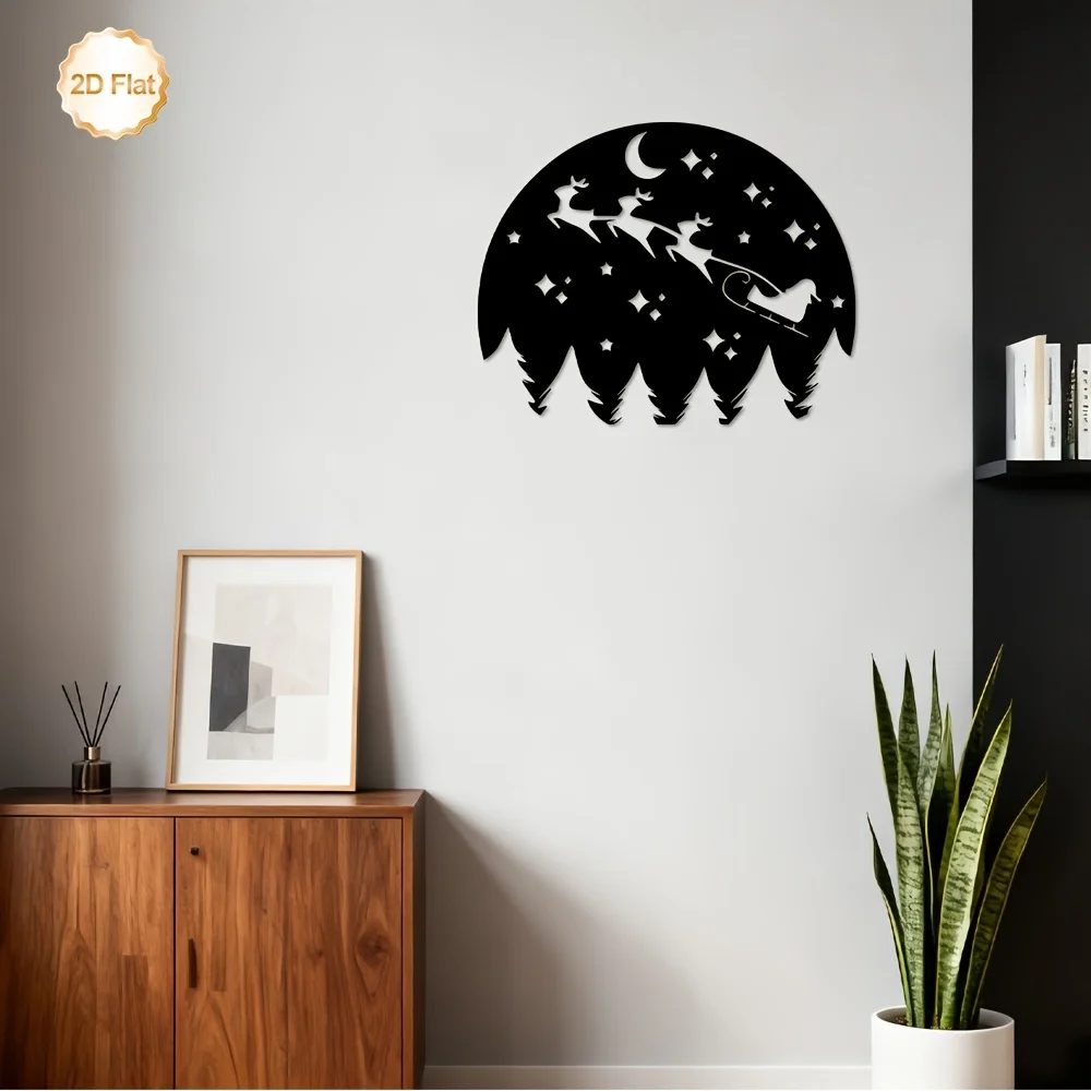 CIFBUY Iron Wall Art Decor 2D Flat Metal Sculpture Sleigh Moon Night Scene Indoor Outdoor Home Decor for Living Room Bedroom