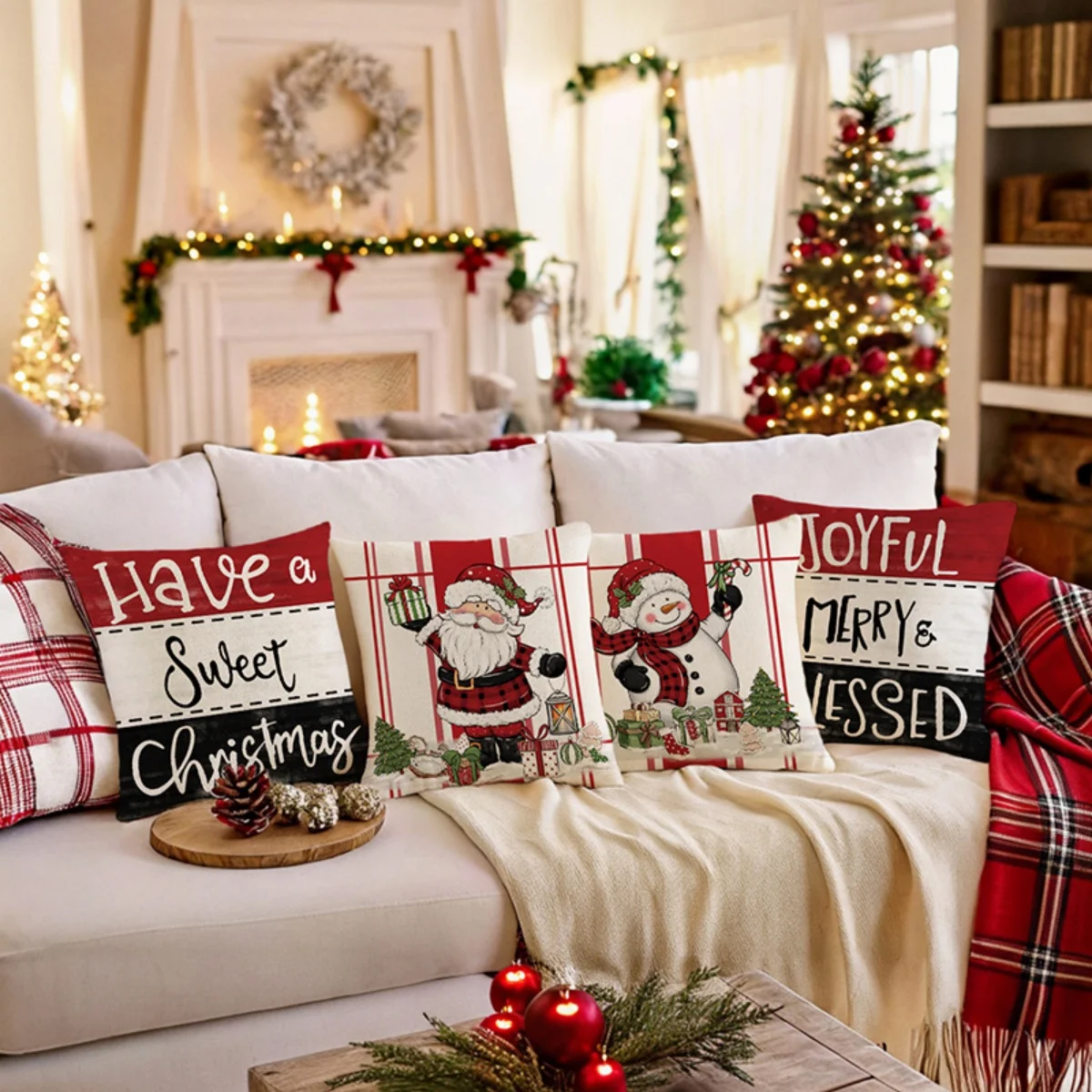 Plaid Santa Snowman Christmas Quote Print Pillow Covers Set of 4, Winter Holiday Cushion Cases for Sofa Home Decor
