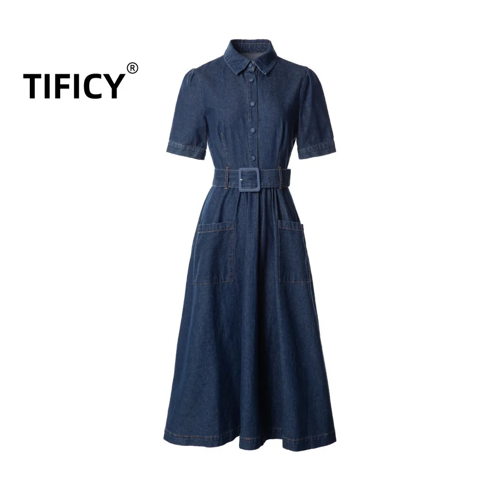 

High Street Jean Dresses Women's Autumn New Fashionable and Versatile Commuter Collar Cowboy Double Pocket Large Swing Dress