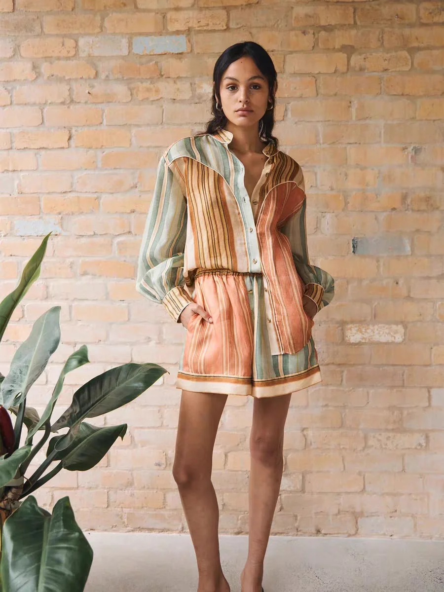 

Early spring new niche new striped color matching lapel shirt high waisted casual shorts set for women