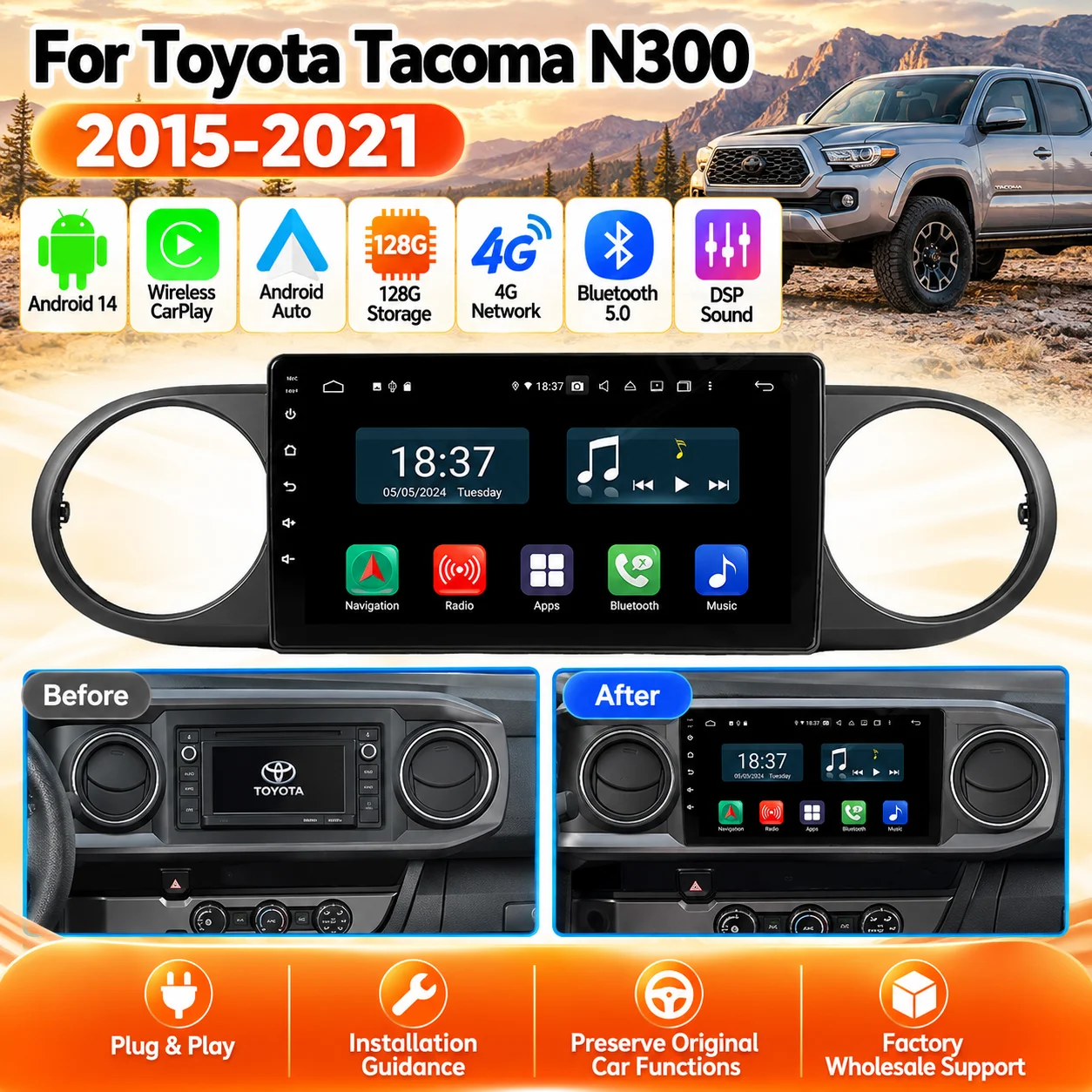 CarPlay GPS Navigation Android 14 128G Car Radio For Toyota Tacoma N300 2015-2021 1 DIN Multimedia Head Unit