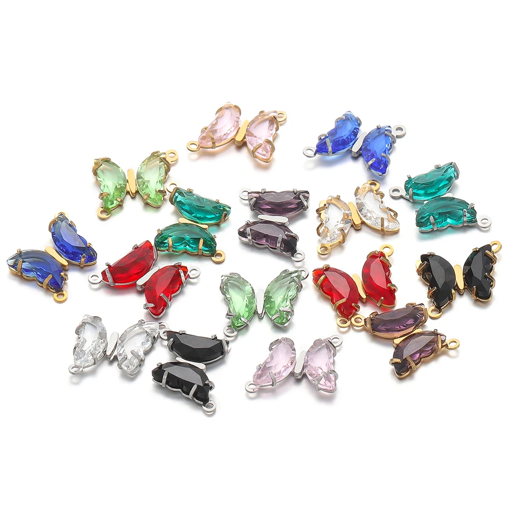 5Pcs Stainless Steel Glass Crystal Butterfly Double Hole Charms Connectors for DIY Jewelry Bracelet Necklace Pendants Wholesale