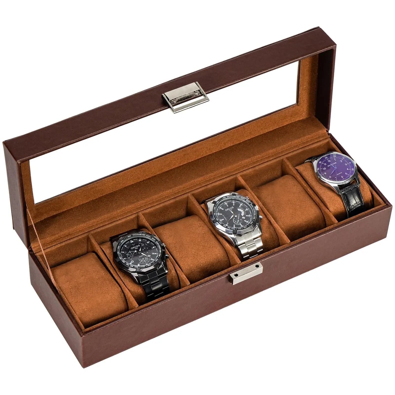 Watch Box 6 Slot Mens Watch Case Watch Storage Holder Organizer Watch Display Case with Glass Lid Gifts for Men Women -6 Slot