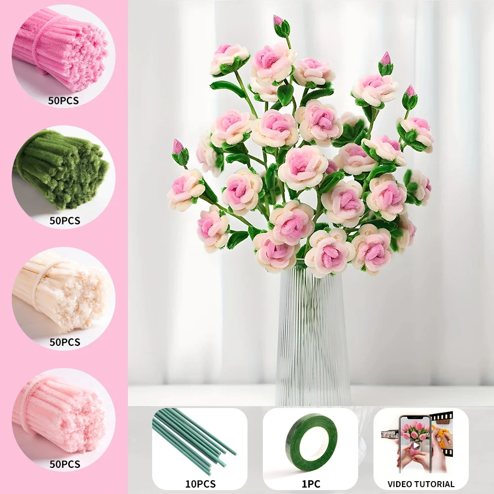 211 Multi-head Rose Pipe Cleaner Set, containing 200 pipe cleaners, 10 flower stems, 1 roll of tape, upgraded DIY crafts set view 4