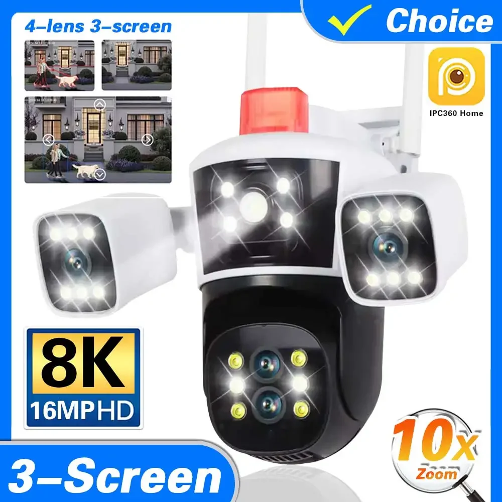 

8K 16MP WiFi IP Security Camera Outdoor Three Screen Video PTZ Surveillance Cam Mini CCTV Video Cam IPC360 Home 10X PTZ Zoom