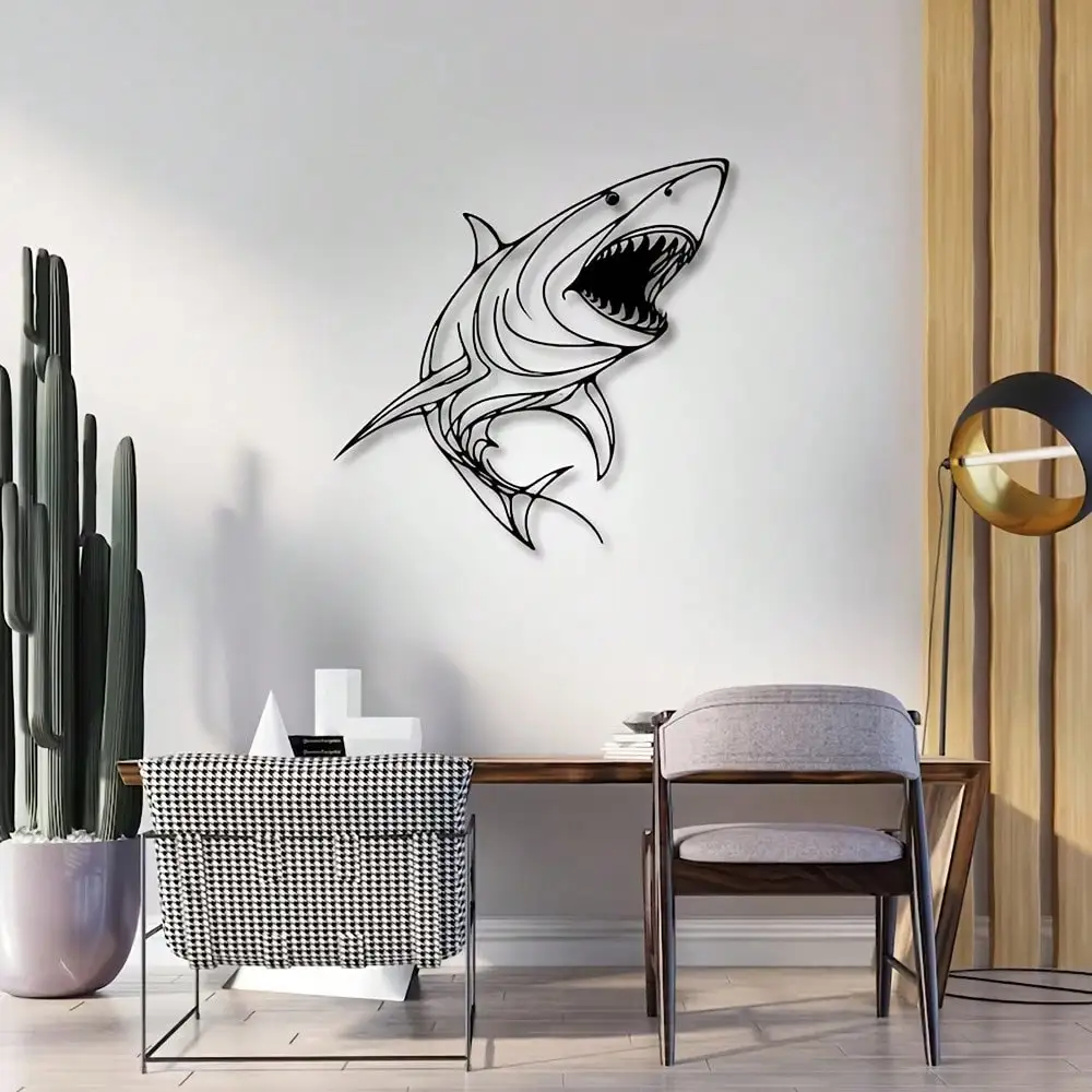 Brand Fierce Shark Metal Wall Art Laser-Cut Black Silhouette Ocean Predator Iron Sculpture Modern Home Decor For Bedroom Living