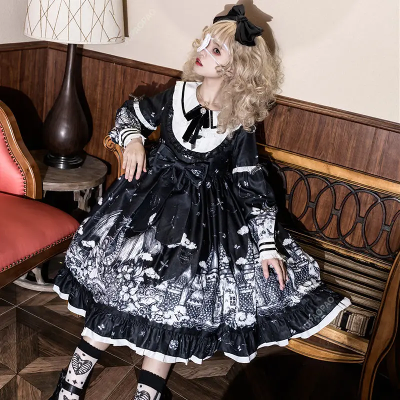 New Sweety Girly Diablo Lolita Style Dress Peter Pan Collar Cute Bow Kawaii Ruffles Full Sleeve Printing Gothic Loli Dress - Image 5