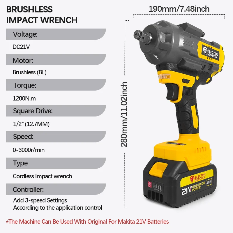 Electric Goddess Brushless Motor Electric Impact Wrench Cordless Torque Rechargeable Power Tool For Makita 21V Battery  ﻿