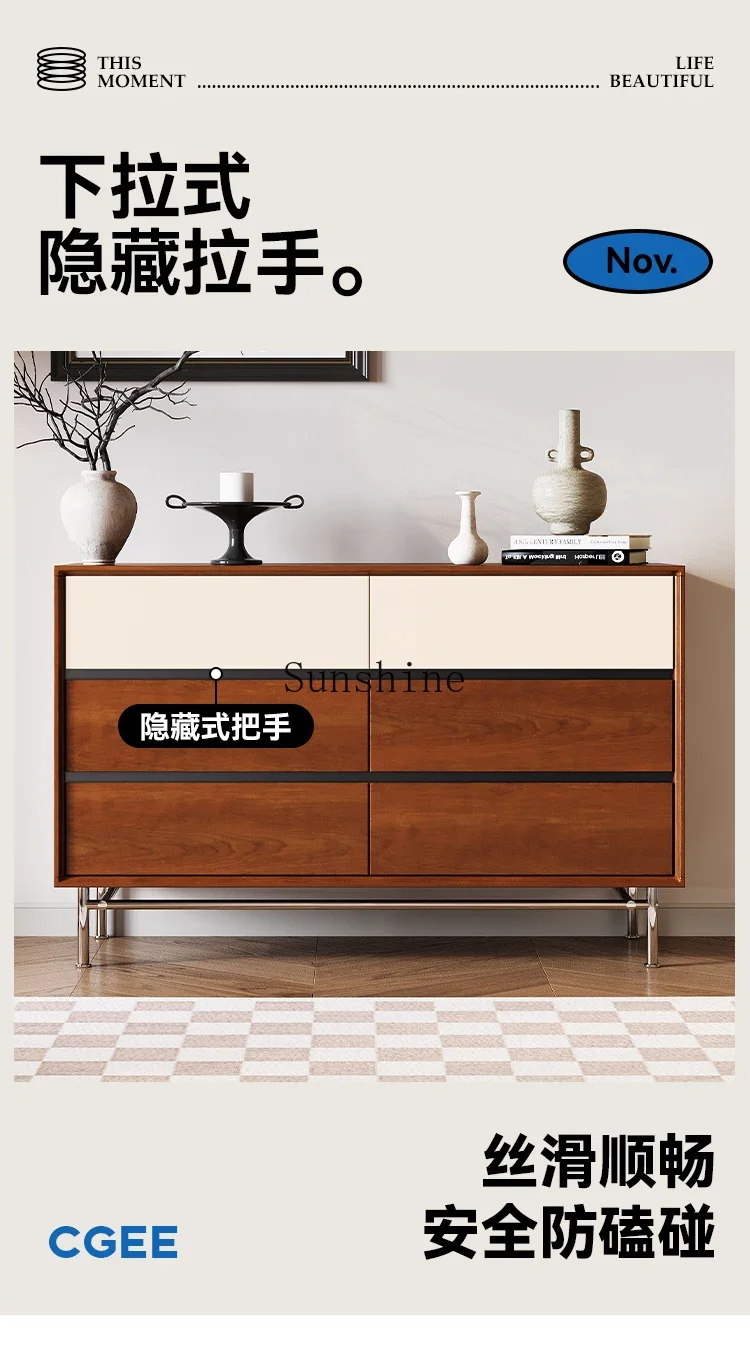 Medieval solid wood six-bucket living room against the wall side cabinet small apartment bedroom bedside storage  FT