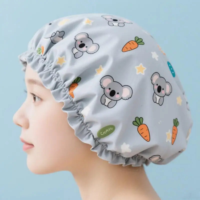 Women's Shower Cap with Wide Elastic Band Waterproof Reusable Cartoon Cat Bear Dog Print Bathroom Accessory