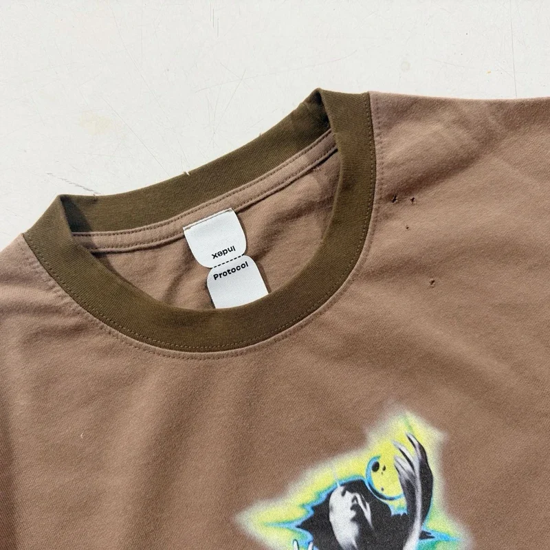 Street Fashion Brand Long Sleeved High-quality Casual Round Neck Protocol Index T-shirt Men Women Versatile Ripped Tops